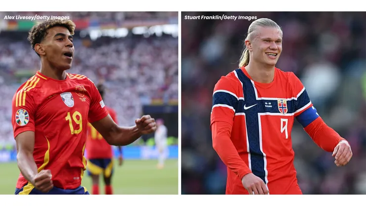 Lamine Yamal, da Espanha e Haaland, da Noruega. Fotos: Alex Livesey e Stuart Franklin/Getty Images