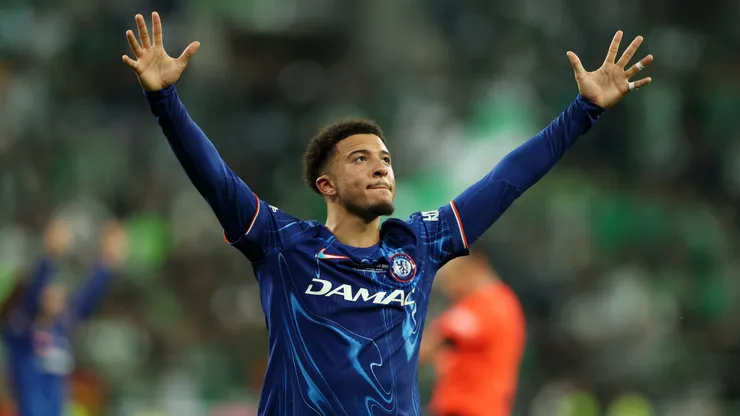 Jadon Sancho of Chelsea celebrates his team's victory at full time following the UEFA Conference League Final 2025 between Real Betis Balompie and Chelsea FC at Stadion Wroclaw on May 28, 2025 in Wroclaw, Poland.
