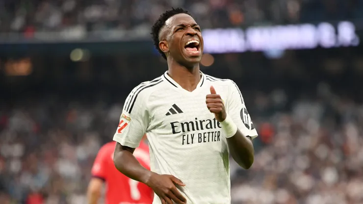 Vinicius Junior of Real Madrid reacts during the LaLiga match between Real Madrid CF and CA Osasuna at Estadio Santiago Bernabeu on November 09, 2024 in Madrid, Spain.