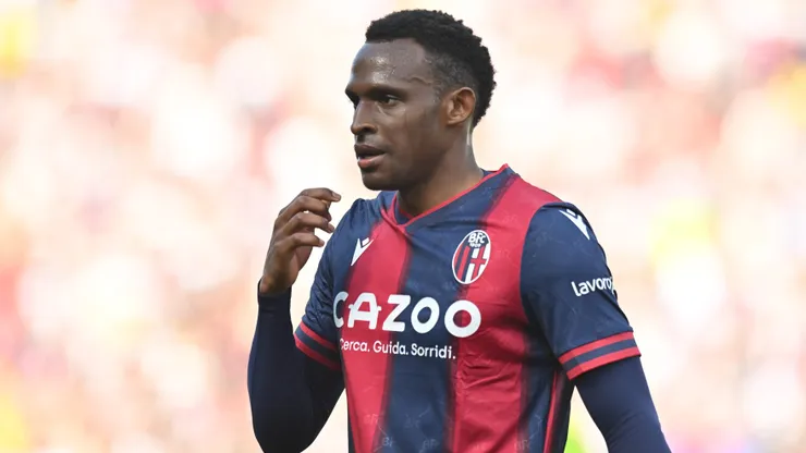 Jhon Lucumi of Bologna FC reacts during the Serie A match between Bologna FC and AC Milan at Stadio Renato Dall'Ara on April 15, 2023 in Bologna, Italy.