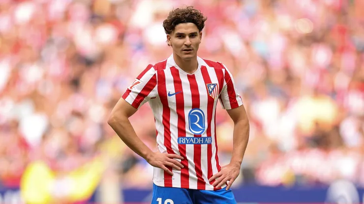 Julian Alvarez of Atletico Madrid looks on during the LaLiga EA Sports match between Atletico de Madrid and Real Madrid CF at Riyadh Air Metropolitano on September 27, 2025 in Madrid, Spain.