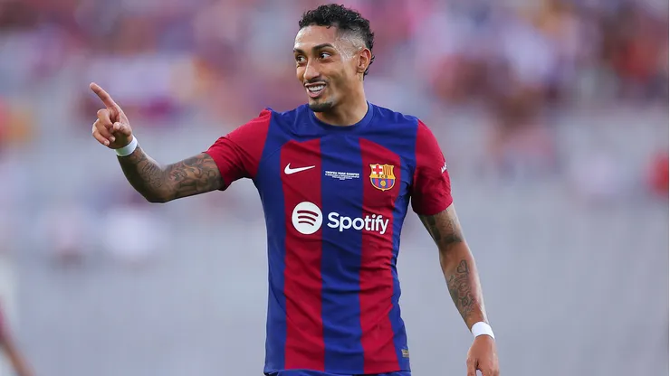 Raphael Dias Belloli 'Raphinha' of FC Barcelona gestures during the Joan Gamper Trophy match between FC Barcelona and Tottenham Hotspur at Estadi Olimpic Lluis Companys on August 08, 2023 in Barcelona, Spain.