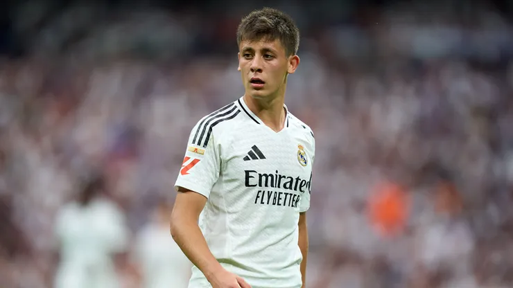 Arda Guler of Real Madrid looks on during the La Liga match between Real Madrid CF and Real Valladolid CF at Estadio Santiago Bernabeu on August 25, 2024 in Madrid, Spain.