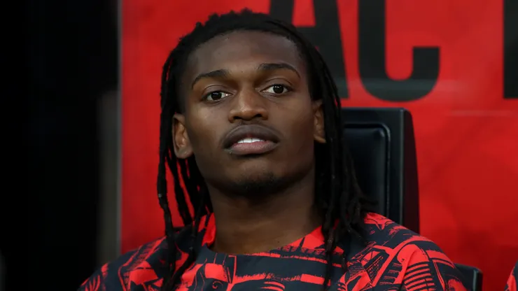 Rafael Leao Milan looks on from the substitutes bench prior to the Serie A match between AC Milan and Cagliari Calcio at the Giuseppe Meazza Stadium on May 24, 2026 in Milan, Italy.