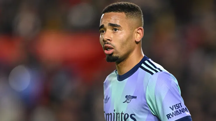 Gabriel Jesus of Arsenal looks on during the Premier League match between Brentford FC and Arsenal FC at Brentford Community Stadium on January 01, 2025 in Brentford, England.