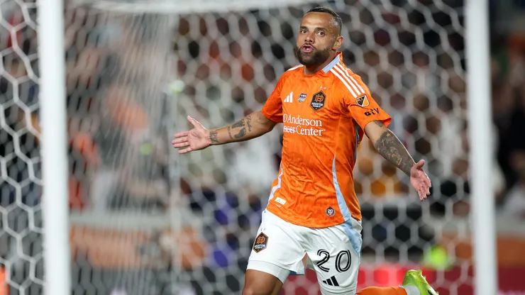 Guilherme Augusto #20 of Houston Dynamo FC reacts after scoring a goal in the second half against Chicago Fire FC at Shell Energy Stadium on February 21, 2026 in Houston, Texas.
