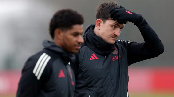 Harry Maguire e Marcus Rashford durante o treino do Manchester United. (Photo by Carl Recine/Getty Images)