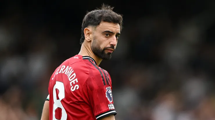 Bruno Fernandes of Manchester United reacts after missing a penalty kick during the Premier League match between Fulham and Manchester United at Craven Cottage on August 24, 2025 in London, England.