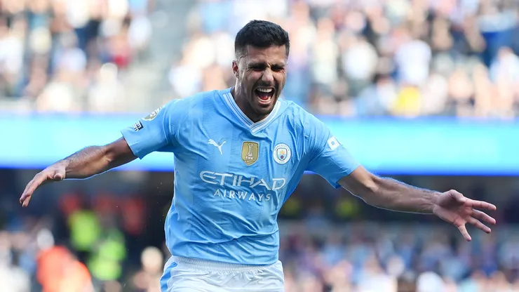 Rodri of Manchester City celebrates scoring his team's third goal during the Premier League match between Manchester City and West Ham United at Etihad Stadium on May 19, 2024 in Manchester, England.