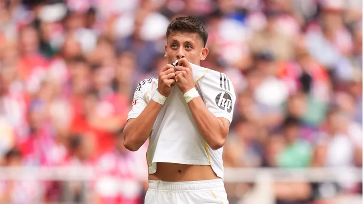 Arda Gueler of Real Madrid celebrates scoring his team's second goal during the LaLiga EA Sports match between Atletico de Madrid and Real Madrid CF at Riyadh Air Metropolitano on September 27, 2025 in Madrid, Spain.
