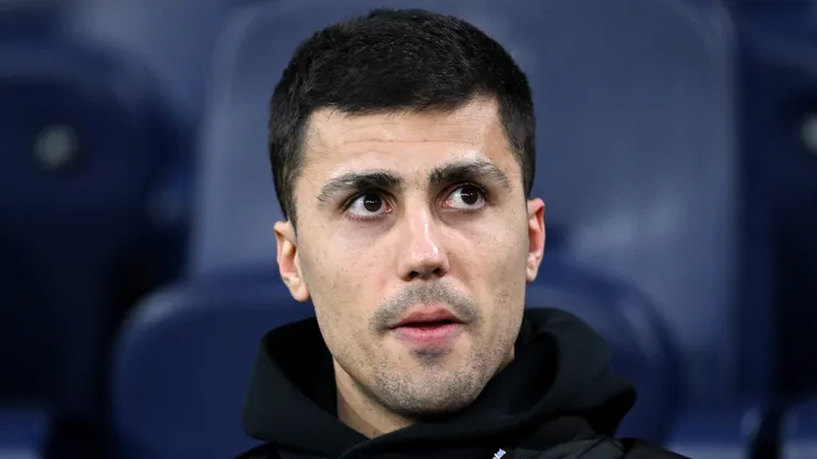 Rodri of Manchester City looks on during the Emirates FA Cup Fifth Round match between Manchester City and Plymouth Argyle at Etihad Stadium on March 01, 2025 in Manchester, England.