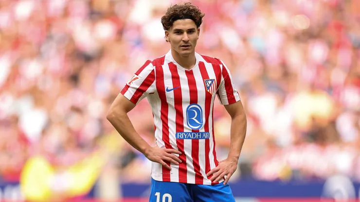 Julian Alvarez of Atletico Madrid looks on during the LaLiga EA Sports match between Atletico de Madrid and Real Madrid CF at Riyadh Air Metropolitano on September 27, 2025 in Madrid, Spain.