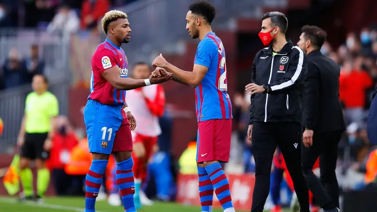 Pierre-Emerick Aubameyang of FC Barcelona replaces Adama Traore of FC Barcelona during the LaLiga Santander match between FC Barcelona and Club Atletico de Madrid at Camp Nou on February 06, 2022 in Barcelona, Spain.