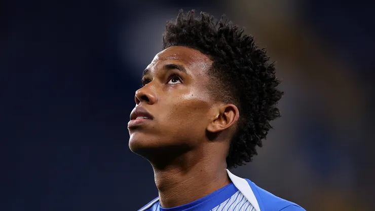 Estevao of Chelsea reacts during the UEFA Champions League 2025/26 League Phase MD3 match between Chelsea FC and AFC Ajax at Stamford Bridge on October 22, 2025 in London, England.