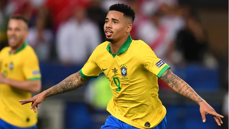 Gabriel Jesus of Brazil celebrates after scoring the second goal of his team during the Copa America Brazil 2019 Final match between Brazil and Peru at Maracana Stadium on July 07, 2019 in Rio de Janeiro, Brazil.