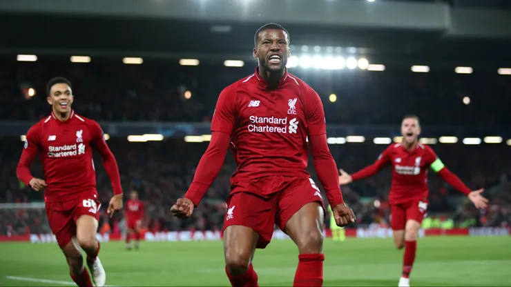 LIVERPOOL, ENGLAND - MAY 07: Georginio Wijnaldum of Liverpool celebrates after scoring his team's third goal during the UEFA Champions League Semi Final second leg match between Liverpool and Barcelona at Anfield on May 07, 2019 in Liverpool, England. (Photo by Clive Brunskill/Getty Images)
