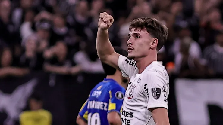 Breno Bidon jogador do Corinthians comemora seu gol durante partida contra o Rosário Central no estádio Arena Corinthians pelo campeonato Copa Libertadores 2026. Foto: Fabio Giannelli/AGIF