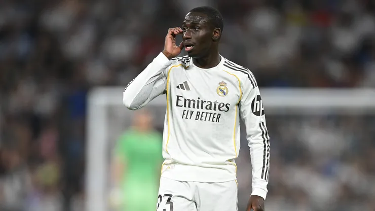 MADRID, SPAIN - APRIL 10: Ferland Mendy of Real Madrid reacts during the LaLiga EA Sports match between Real Madrid CF and Girona FC at Estadio Santiago Bernabeu on April 10, 2026 in Madrid, Spain. (Photo by Denis Doyle/Getty Images)