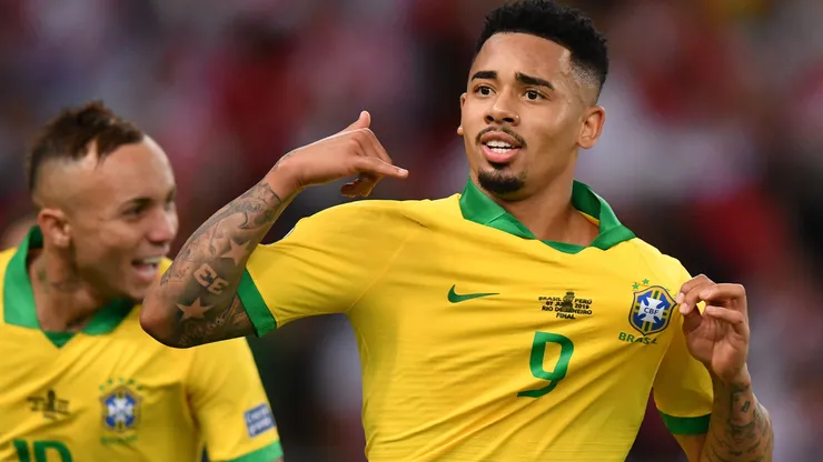 Gabriel Jesus of Brazil celebrates after scoring the second goal of his team during the Copa America Brazil 2019 Final match between Brazil and Peru at Maracana Stadium on July 07, 2019 in Rio de Janeiro, Brazil.