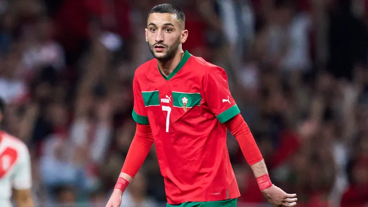 MADRID, SPAIN - MARCH 28: Hakim Ziyech of Morocco looks on during the international friendly game between Morocco and Peru at Civitas Metropolitan Stadium on March 28, 2023 in Madrid, Spain. (Photo by Alex Caparros/Getty Images)