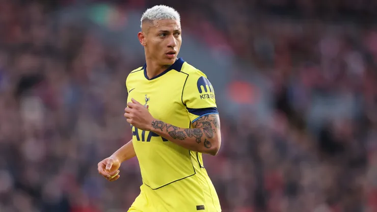 Richarlison of Tottenham Hotspur in action during the Premier League match between Liverpool and Tottenham Hotspur at Anfield on March 15, 2026 in Liverpool, England.
