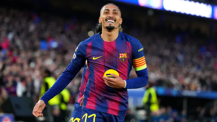 BARCELONA, SPAIN - MARCH 18: Raphinha of FC Barcelona celebrates scoring his team's first goal during the UEFA Champions League 2025/26 Round of 16 Second Leg match between FC Barcelona and Newcastle United FC at Camp Nou on March 18, 2026 in Barcelona, Spain. (Photo by Alex Caparros/Getty Images)