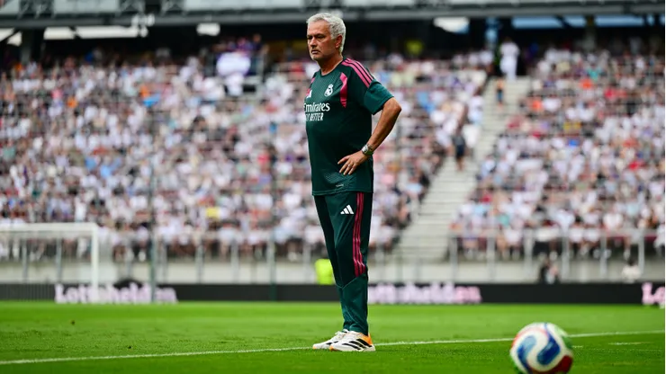 KLAGENFURT, AUSTRIA - AUGUST 01: Jose Mourinho, Head Coach of Real Madrid, looks on during the pre-season friendly match between Real Madrid and Fiorentina at Woerthersee Stadion on August 01, 2026 in Klagenfurt, Austria. (Photo by Christian Bruna/Getty Images)