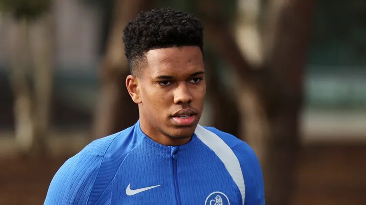 Estevao of Chelsea looks on during a Chelsea FC Training Session at Chelsea Training Ground on January 20, 2026 in Cobham, England.