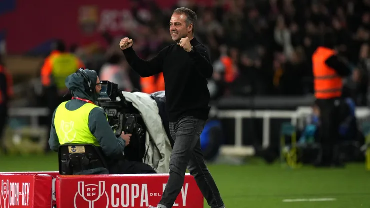 BARCELONA, SPAIN - FEBRUARY 25: Hansi Flick, Head Coach of FC Barcelona, celebrates during the Copa del Rey Semi Final match between FC Barcelona and Atletico de Madrid at Estadi Olimpic Lluis Companys on February 25, 2025 in Barcelona, Spain. (Photo by Alex Caparros/Getty Images)