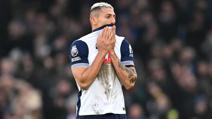LIVERPOOL, ENGLAND - JANUARY 19: Richarlison of Tottenham Hotspur shows dejection following defeat in the Premier League match between Everton FC and Tottenham Hotspur FC at Goodison Park on January 19, 2025 in Liverpool, England. (Photo by Michael Regan/Getty Images)