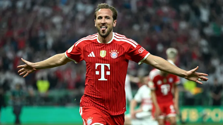 BERLIN, GERMANY - MAY 23: Harry Kane of FC Bayern Munich celebrates scoring his team's first goal during the DFB Cup Final 2026 match between FC Bayern München and VfB Stuttgart at Olympiastadion on May 23, 2026 in Berlin, Germany. (Photo by Christian Kaspar-Bartke/Getty Images)