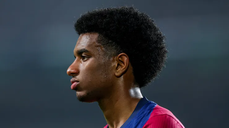 Alejandro Balde of FC Barcelona looks on during the LaLiga match between FC Barcelona and Real Betis Balompie at Estadi Olimpic Lluis Companys on April 05, 2025 in Barcelona, Spain.