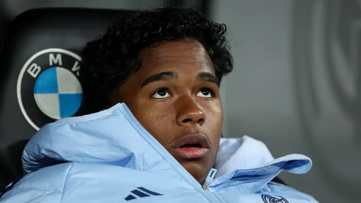 Endrick of Real Madrid CF looks on prior to the LaLiga match between Real Madrid CF and Athletic Club at Estadio Santiago Bernabeu on April 20, 2025 in Madrid, Spain.