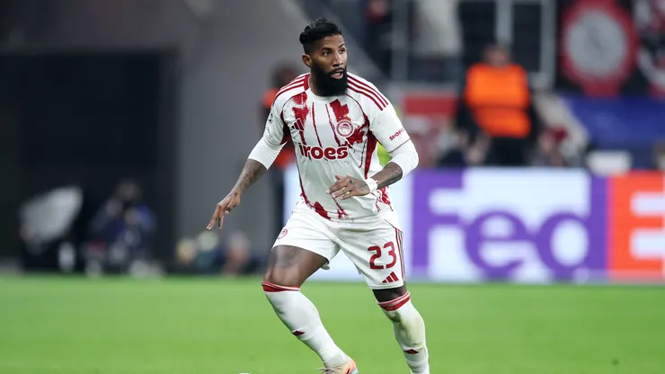 Rodinei of Olympiacos FC controls the ball during the UEFA Champions League 2025/26 League Knockout Play-off Second Leg match between Bayer 04 Leverkusen and Olympiacos FC at BayArena on February 24, 2026 in Leverkusen, Germany.