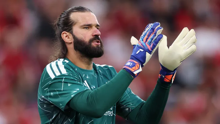 Alisson Becker of Liverpool reacts during the pre-season friendly match between Liverpool FC and Como Calcio at Anfield on August 16, 2026 in Liverpool, England.