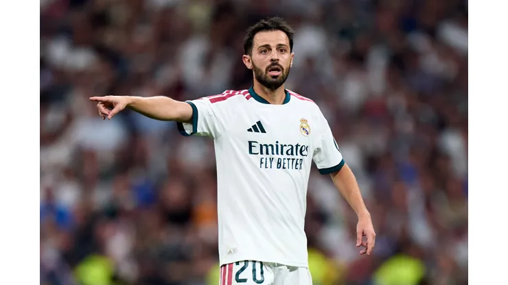 Bernardo Silva of Real Madrid gestures during the LaLiga EA Sports 2026/27 match between Real Madrid and Rayo Vallecano de Madrid at Estadio Santiago Bernabeu on September 12, 2026 in Madrid, Spain.