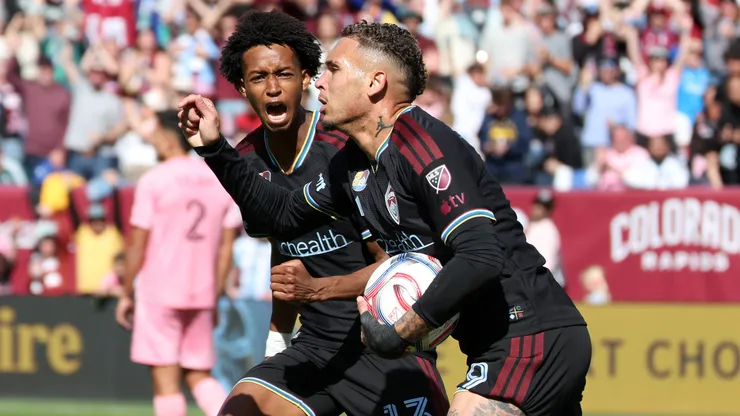 DENVER, COLORADO - APRIL 18: Rafael Navarro #9 of Colorado Rapids celebrates scoring his team's first goal during the MLS match between Colorado Rapids and Inter Miami CF at Empower Field At Mile High on April 18, 2026 in Denver, Colorado. (Photo by Tanner Pearson/Clarkson Creative/Getty Images)