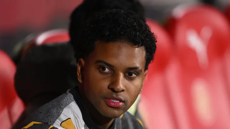 Rodrygo of Real Madrid looks on during the LaLiga EA Sports match between Girona FC and Real Madrid CF at Montilivi Stadium on November 30, 2025 in Girona, Spain.