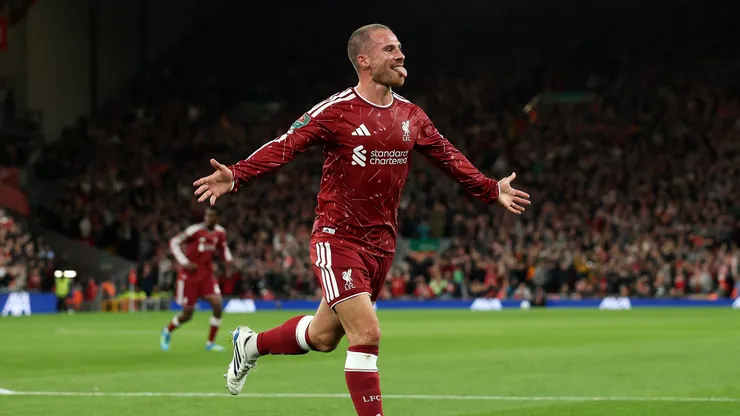 LIVERPOOL, ENGLAND - SEPTEMBER 15: Alexis Mac Allister of Liverpool celebrates scoring his team’s first goal during the Carabao Cup Third Round match between Liverpool and Tottenham Hotspur at Anfield on September 15, 2026 in Liverpool, England. (Photo by Michael Regan/Getty Images)