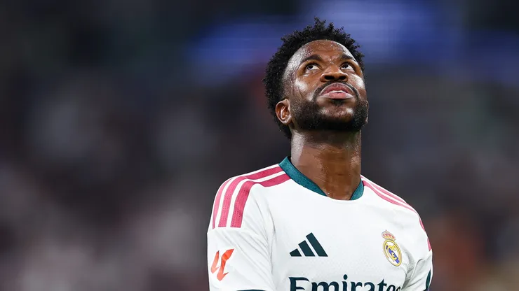 Vinicius Junior of Real Madrid reacts during the LaLiga EA Sports 2026/27 match between Real Madrid and Rayo Vallecano de Madrid at Estadio Santiago Bernabeu on September 12, 2026 in Madrid, Spain.