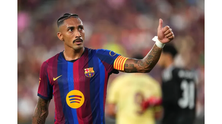 Raphinha of FC Barcelona gives a thumbs up during the Joan Gamper Trophy match between FC Barcelona and Al Ahly SC at Spotify Camp Nou on August 19, 2026 in Barcelona, Spain.