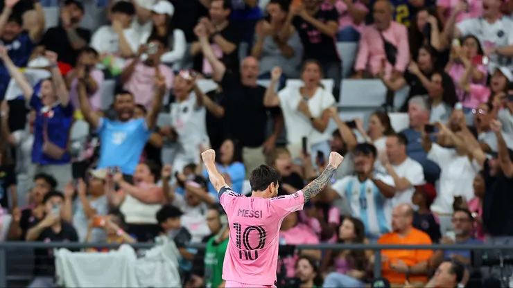 MIAMI, FLORIDA - SEPTEMBER 20: Lionel Messi #10 of Inter Miami CF celebrates scoring his team's first goal during the MLS match between Inter Miami CF and San Diego FC at Miami Freedom Park on September 20, 2026 in Miami, Florida. (Photo by Megan Briggs/Getty Images)