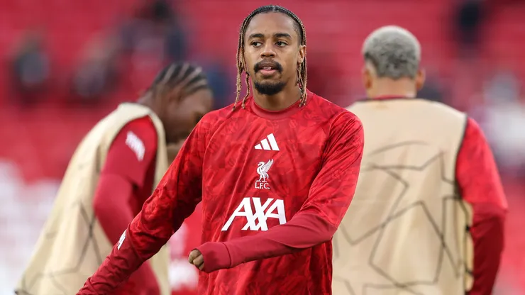 Bradley Barcola of Liverpool warms up before the UEFA Champions League 2026/27 League Phase MD1 match between Liverpool FC and Atletico de Madrid at Anfield on September 09, 2026 in Liverpool, England.