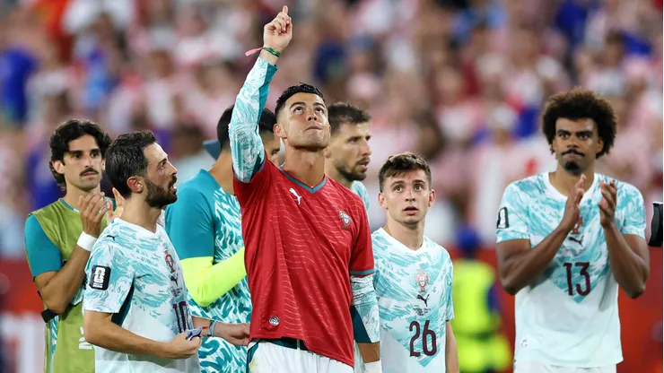 TORONTO, ONTARIO - JULY 02: Cristiano Ronaldo #7 of Portugal celebrates with a shirt in commemoration of late teammate Diogo Jota after the 2-1 win during the FIFA World Cup 2026 Round of 32 match between Portugal and Croatia at Toronto Stadium on July 02, 2026 in Toronto, Ontario. (Photo by Buda Mendes/Getty Images)