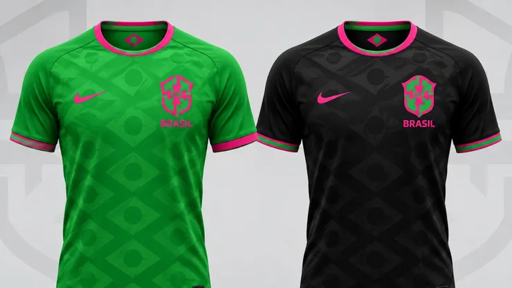 Projeção da camisa inédita da Seleção Brasileira com base no vazamento do catálogo interno da Nike para a temporada 2026-27. Foto: Imagem gerada com auxílio de IA.