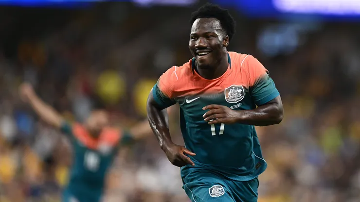 TOWNSVILLE, AUSTRALIA - SEPTEMBER 25: Nestory Irankunda of Australia celebrates scoring his team's first goal during the International Friendly match between Australia Socceroos and Brazil at Queensland Country Bank Stadium on September 25, 2026 in Townsville, Australia. (Photo by Albert Perez/Getty Images)