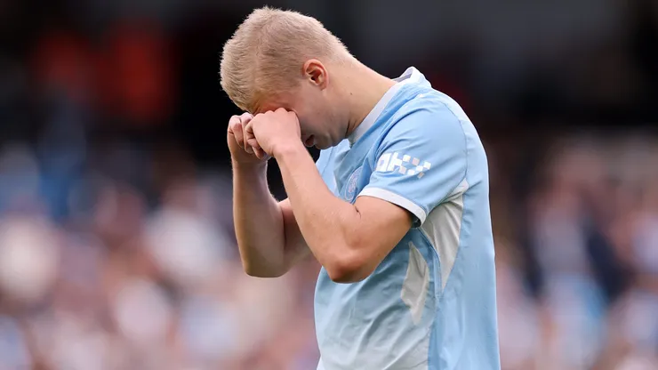 MANCHESTER, ENGLAND - SEPTEMBER 20: Erling Haaland of Manchester City reacts during the Premier League 2026/27 match between Manchester City and Sunderland at Etihad Stadium on September 20, 2026 in Manchester, England. (Photo by Carl Recine/Getty Images)