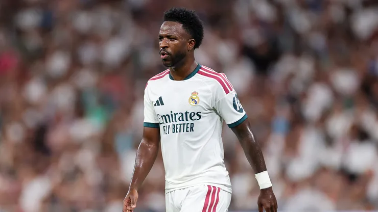 Vinicius Junior of Real Madrid in action during the LaLiga EA Sports 2026/27 match between Real Madrid and Real Sociedad at Estadio Santiago Bernabeu on August 26, 2026 in Madrid, Spain.