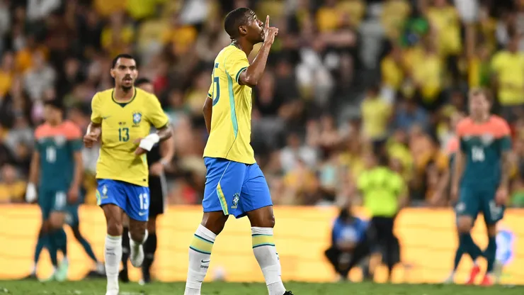 Rayan Vitor Simplício Rocha of Brazil celebrates scoring his team's first goal during the International Friendly match between Australia Socceroos and Brazil at Queensland Country Bank Stadium on September 25, 2026 in Townsville, Australia.