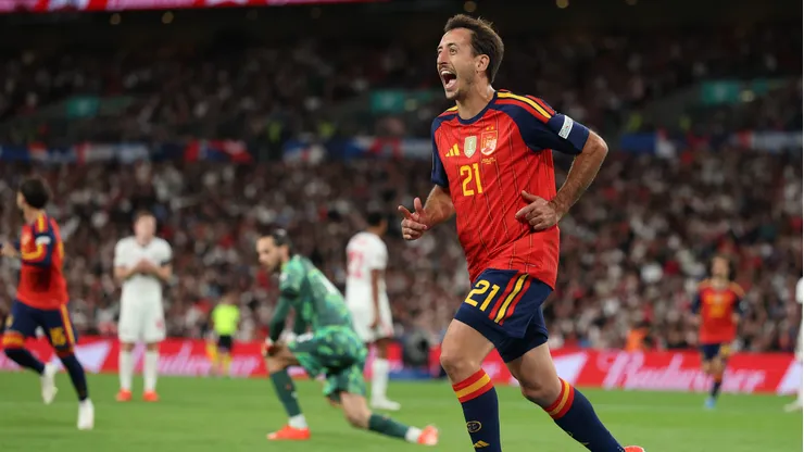 LONDON, ENGLAND - SEPTEMBER 26: Mikel Oyarzabal of Spain celebrates scoring his team’s third goal during the UEFA Nations League 2026/27 group phase match between England and Spain at Wembley Stadium on September 26, 2026 in London, England. (Photo by Justin Setterfield/Getty Images)